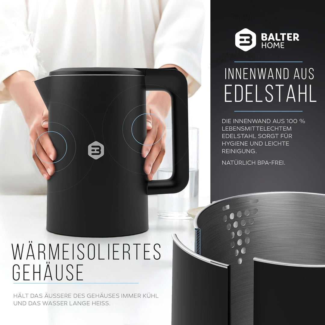 Balter Wasserkocher Edelstahl WK-4, 1,7 Liter, elektrischer Wasserkocher, Doppelwand Design, BPA fre