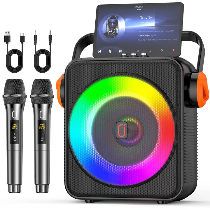 Karaoke Maschine mit 2 drahtlosen Mikrofones, Tragbaren Bluetooth 5.3 Karaoke Anlage Lautsprecher mi