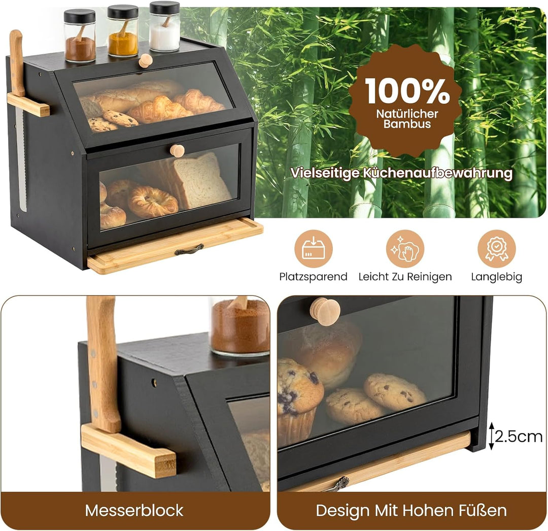 Brotkorb mit Schneidebrett Brotkasten Bambus Eco Brotbox Aufbewahrungsbox Küche Brotaufbewahrung Bro