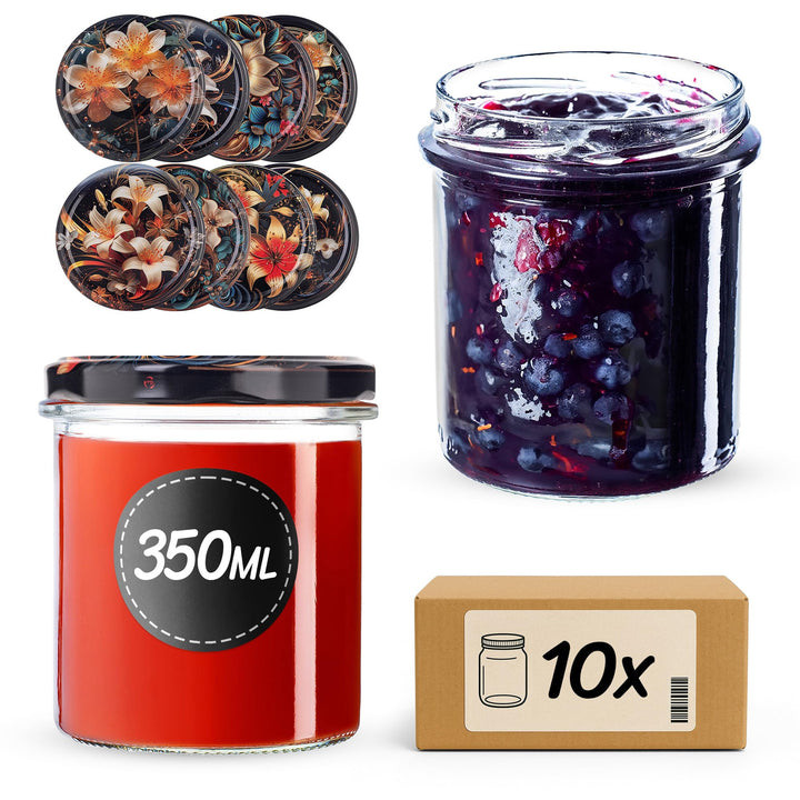 KADAX 10er Set Marmeladengläser 350ml TO82 Lilien, Einmachgläser Vorratsgläser Mason Jar mit Schraub