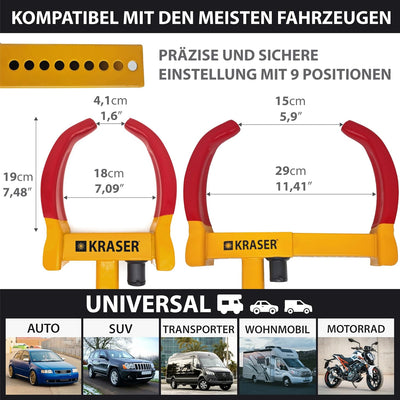 KRASER WA820 Wegfahrsperre Radkralle Reifenkralle, Parkkralle Diebstahlsicherung für Radklemmen, Uni