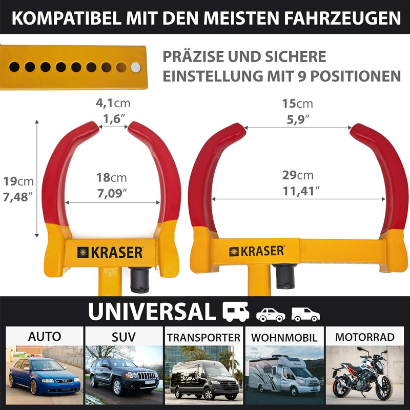 KRASER WA820 Wegfahrsperre Radkralle Reifenkralle, Parkkralle Diebstahlsicherung für Radklemmen, Uni