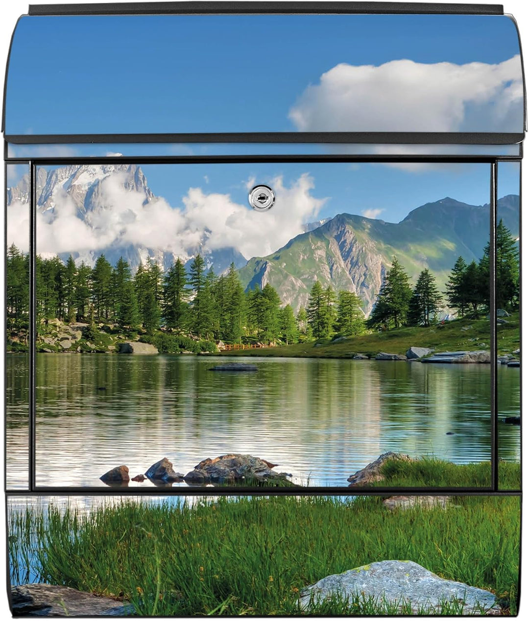 banjado® Design Briefkasten mit Motiv Gebirgssee 39x47x14cm &amp; 2 Schlüssel - Briefkasten Stahl schwar