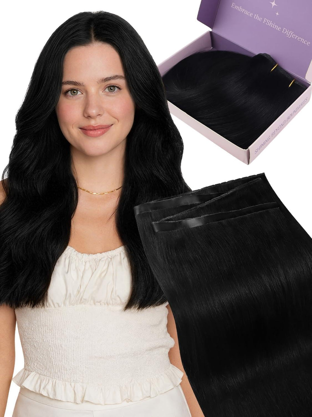 Fshine Butterfly Extensions Echthaar Tressen, Tiefschwarz, 40 cm 50 g, Keine Klobigen, PU-Basis, für