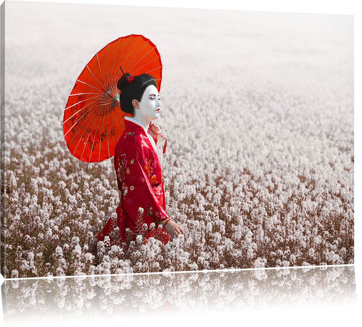 Geisha auf dem Feld, Format: 100x70 auf Leinwand, XXL riesige Bilder fertig gerahmt mit Keilrahmen,