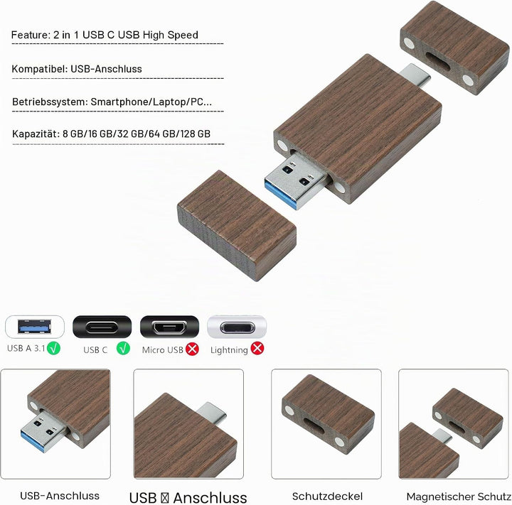 Walnut Wood Box USB C Flash Drive 16GB 1 Stück, OTG USB C Pen Drive, USB 3.0 und USB C Flash Drive,