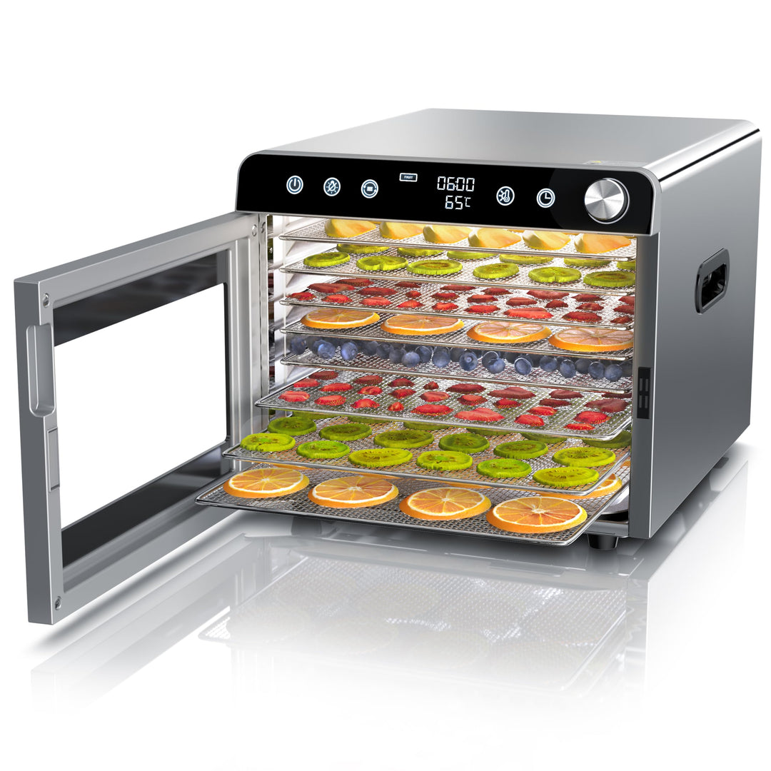 Arendo - Dörrautomat Edelstahl mit 8 Edelstahlgitter - 700 W - 30°-85°C - 8 Edelstahl Einlegetablett