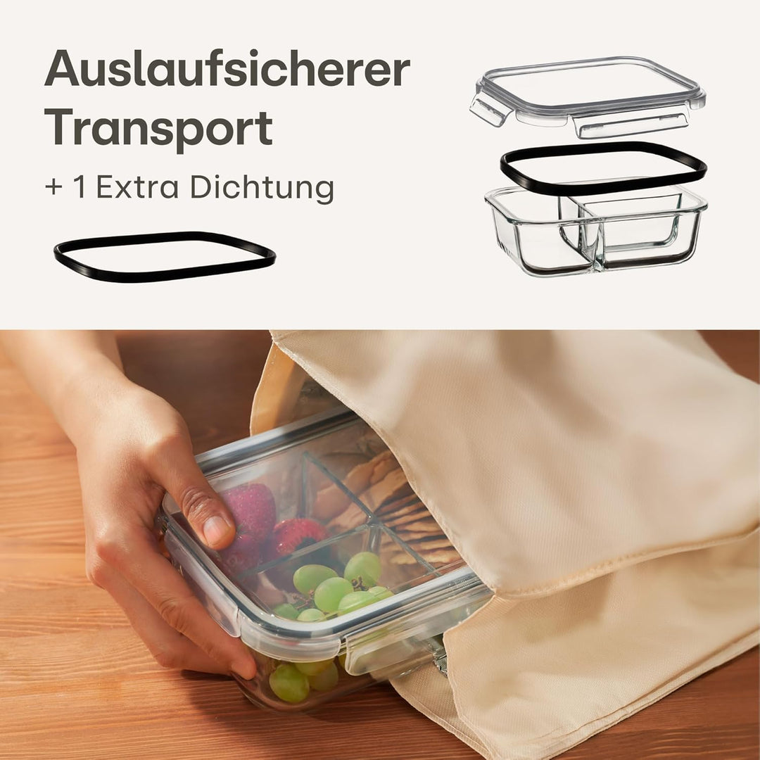 Praknu Meal Prep Boxen Glas 3 Fächer - Glasdosen 2er Set mit Deckel 1000ml - Luftdicht - BPA-Frei -