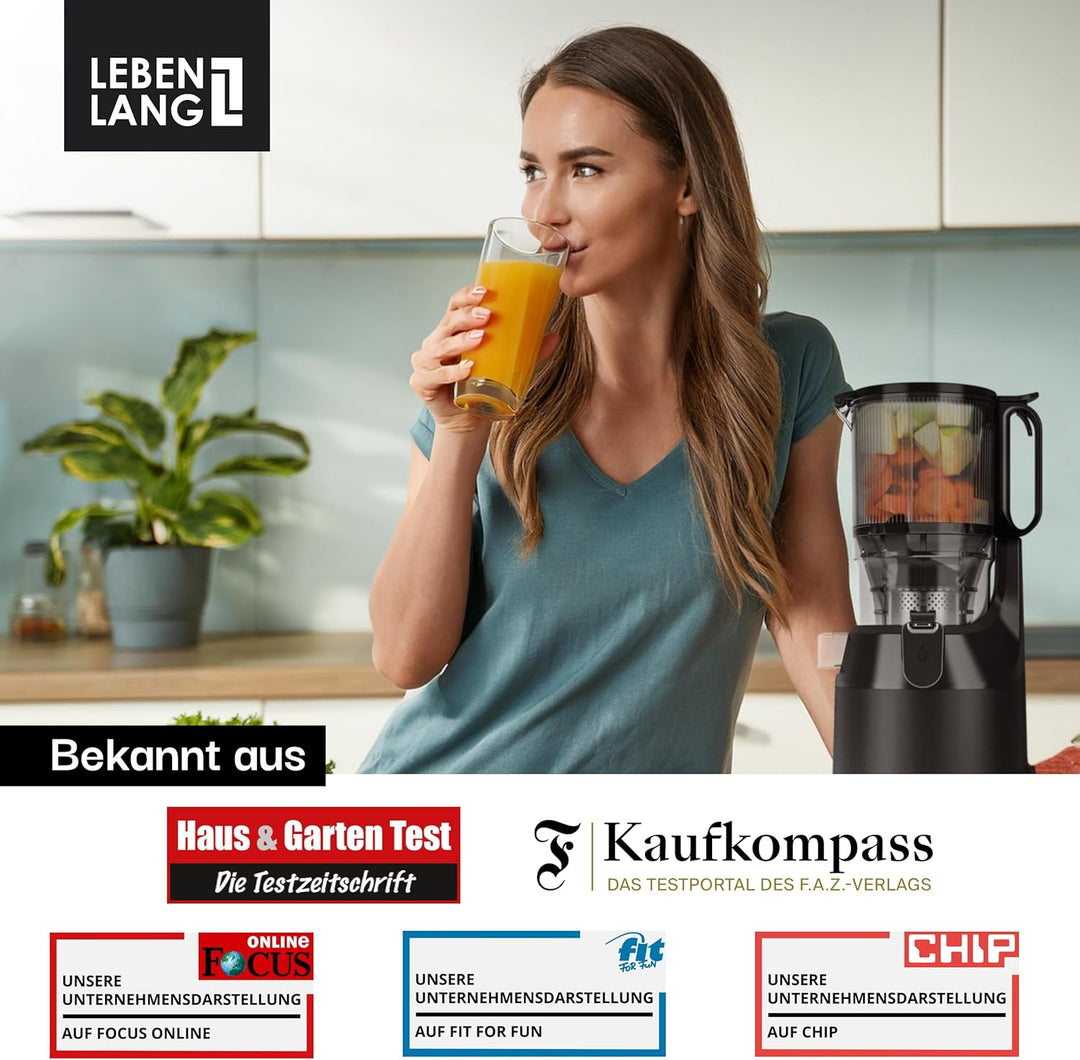 LEBENLANG Entsafter Slow Juicer - Inkl. Rezeptbuch & Grosse 130mm Öffnung I Perfekt für Obst ganze F