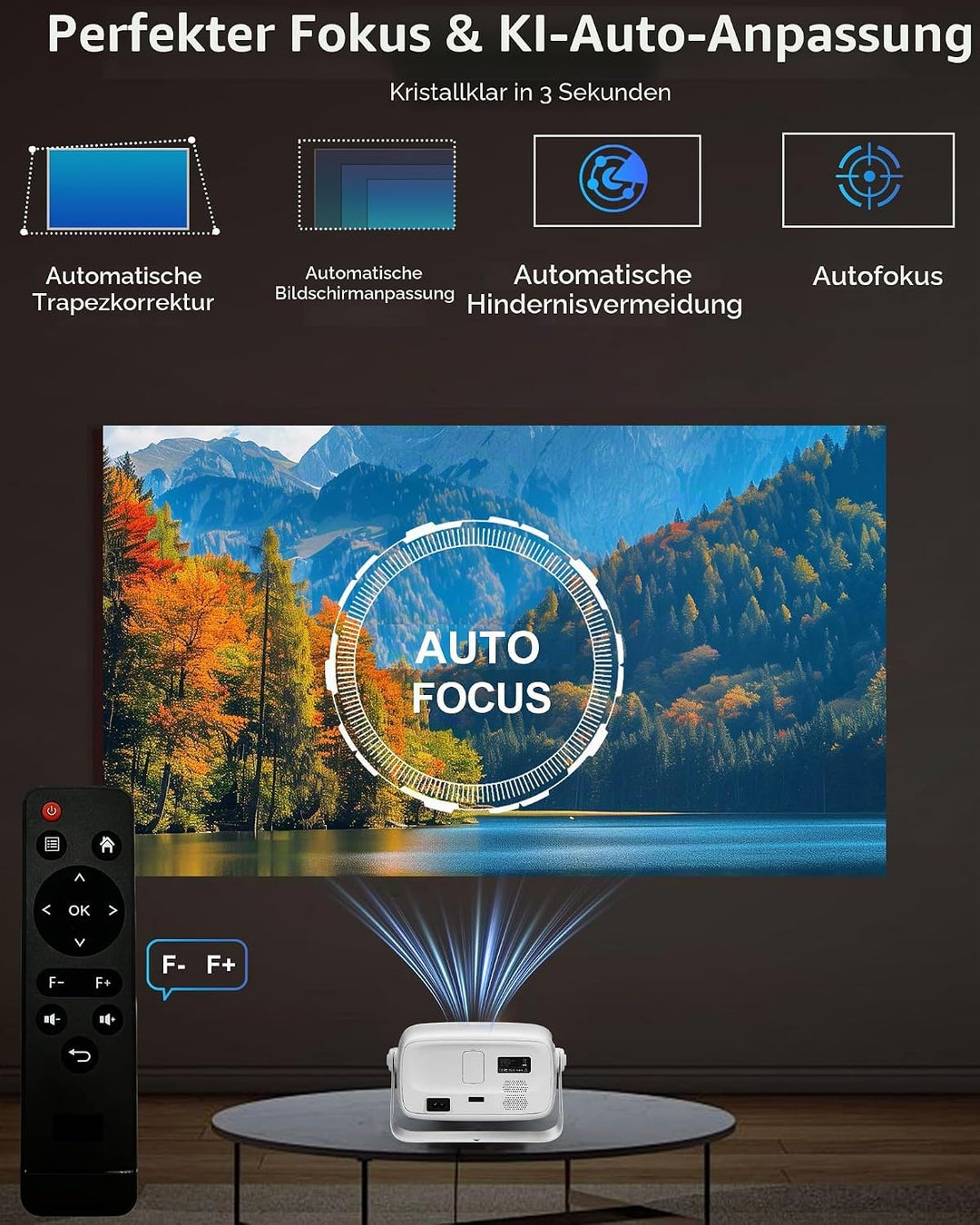 【Offiziell Lizenziertes Netflix &amp; Autofokus】 Mini-Projektor mit WLAN und Bluetooth, 270°-Drehung, ge