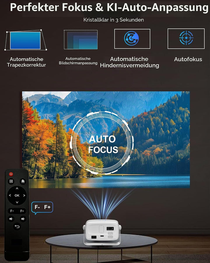 【Offiziell Lizenziertes Netflix &amp; Autofokus】 Mini-Projektor mit WLAN und Bluetooth, 270°-Drehung, ge