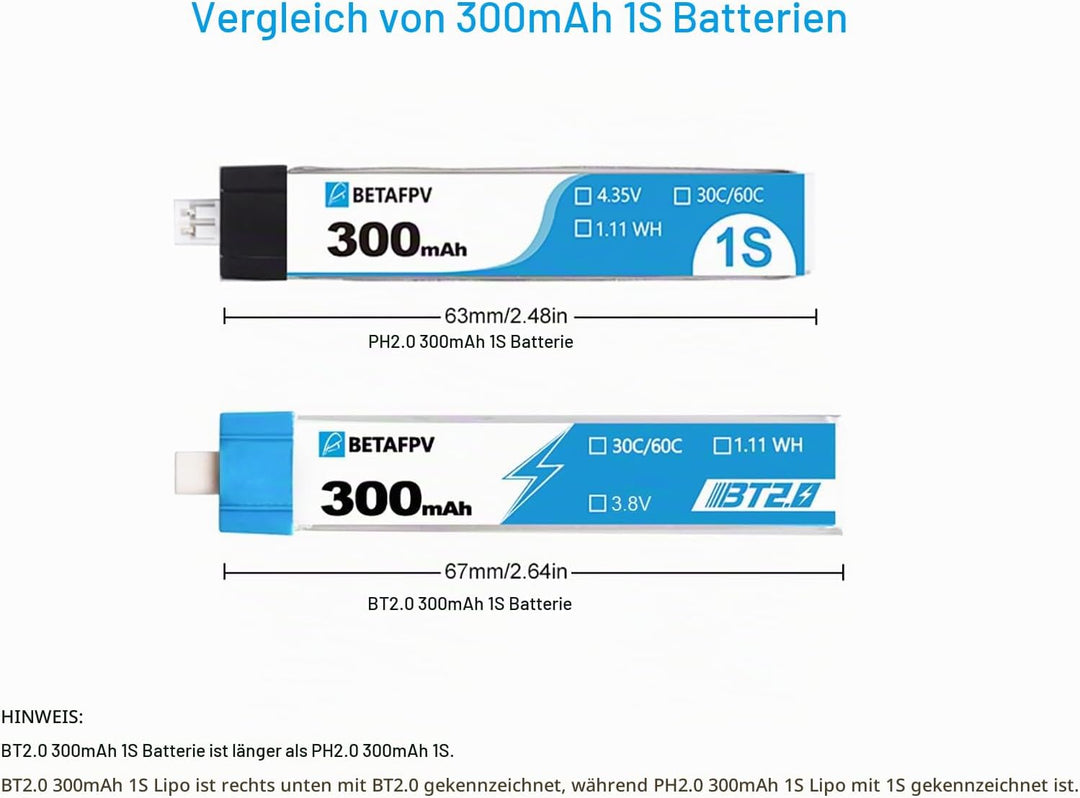 BETAFPV 8pcs BT2.0 300mAh 1S Lipo Batterie 3.8V 30C/60C FPV Lipo Akku mit 1.0mm Banana Anschluss für