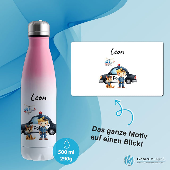 Trinkflasche Edelstahl 500 ml personalisiert - "Polizei" – doppelwandige Thermosflasche hält 13 h wa