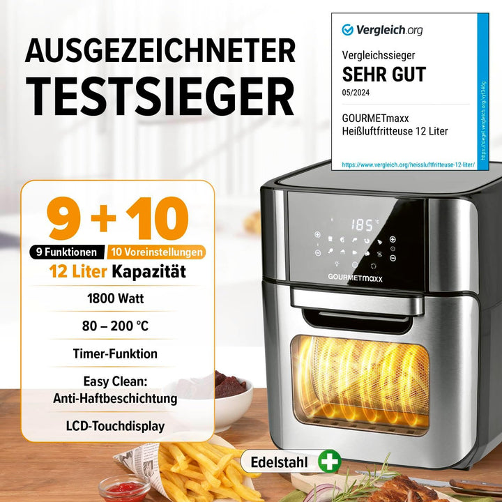 GOURMETmaxx Digitale Heissluftfritteuse 12 L, XXL-Edelstahl-Ofen | Airfryer + Timer, Touchdisplay, D