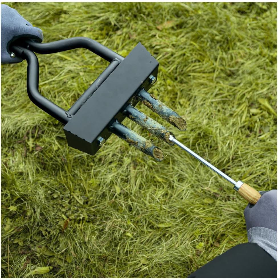 Dönges Rasenlüfter manuell - 3 Zinken aus Stahl + Kernsammelrahmen - Hand-Aerifizierer für Moosreduz
