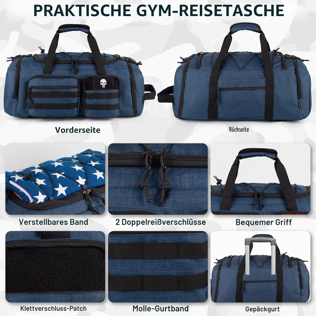 Taktische Sporttasche für Herren, 50L Grosse 3-in-1-Sport-Reisetasche mit Schuhfach, Wasserabweisend