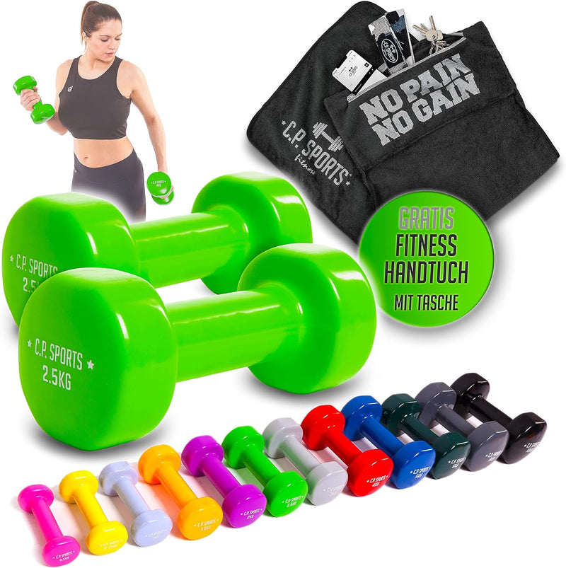 C.P.Sports Gymnastikhanteln + Fitness Handtuch mit Tasche | 2er Set - Kurzhanteln - Gewichte | Hante