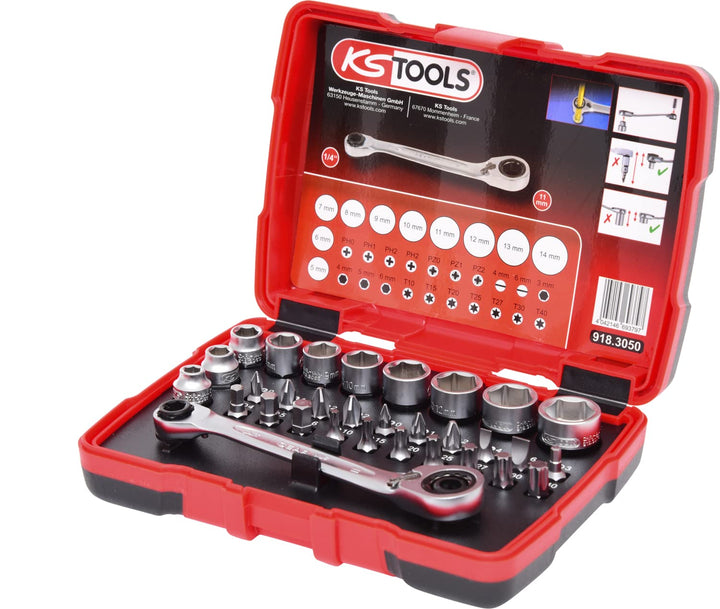 KS Tools 918.3050 1/4" + 11 mm Durchgangs-Steckschlüssel- und Bit-Satz, 31-tlg