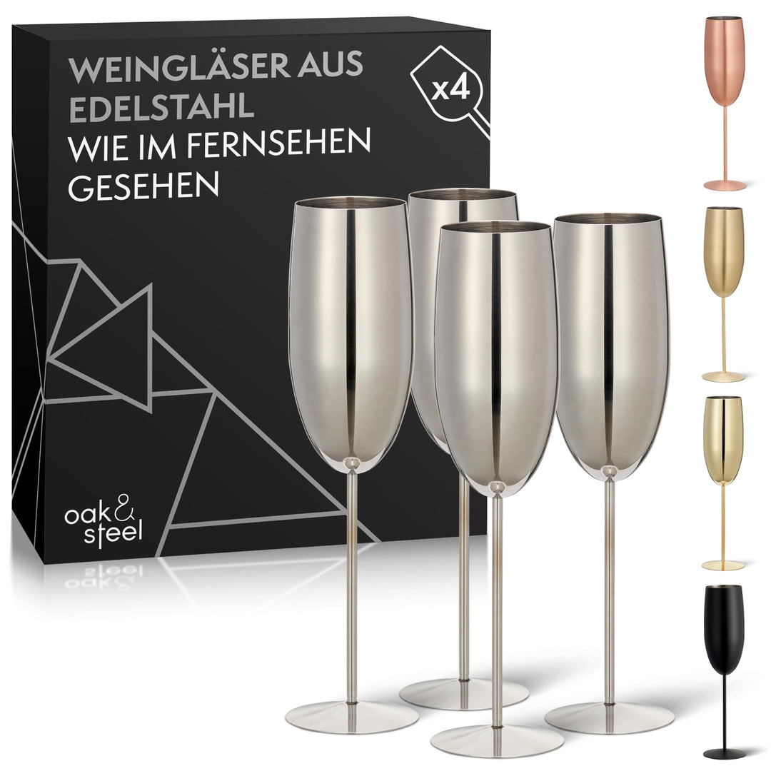 Oak & Steel - 4 Elegant Stainless Steel Silver Champagne Prosecco Flutes Glasses, 285ml - Unbreakabl