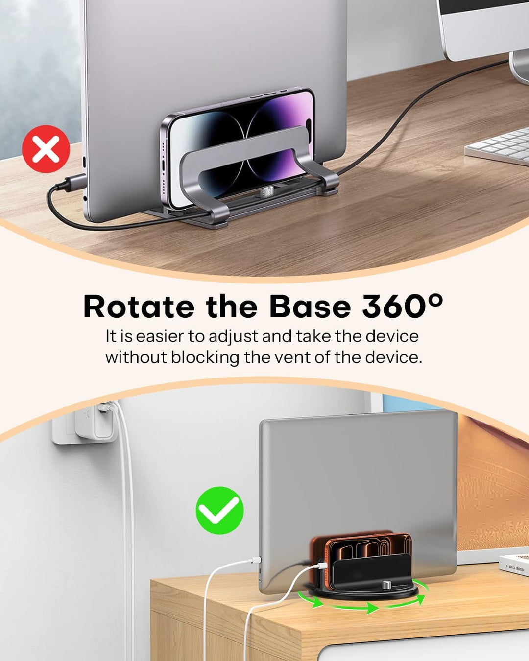 OMOTON 360° Drehbarer Vertikaler Laptop Ständer, 2 Slot Aluminium Laptop Halter mit Taktilem klick,