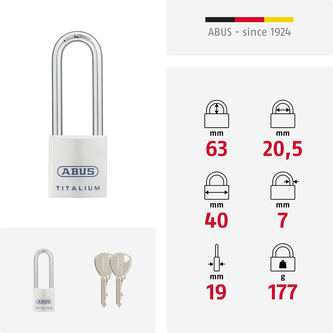 ABUS Titalium Vorhängeschloss 80TI/40HB63 - mit hohem Bügel - Kellerschloss mit leichtem, massiven S