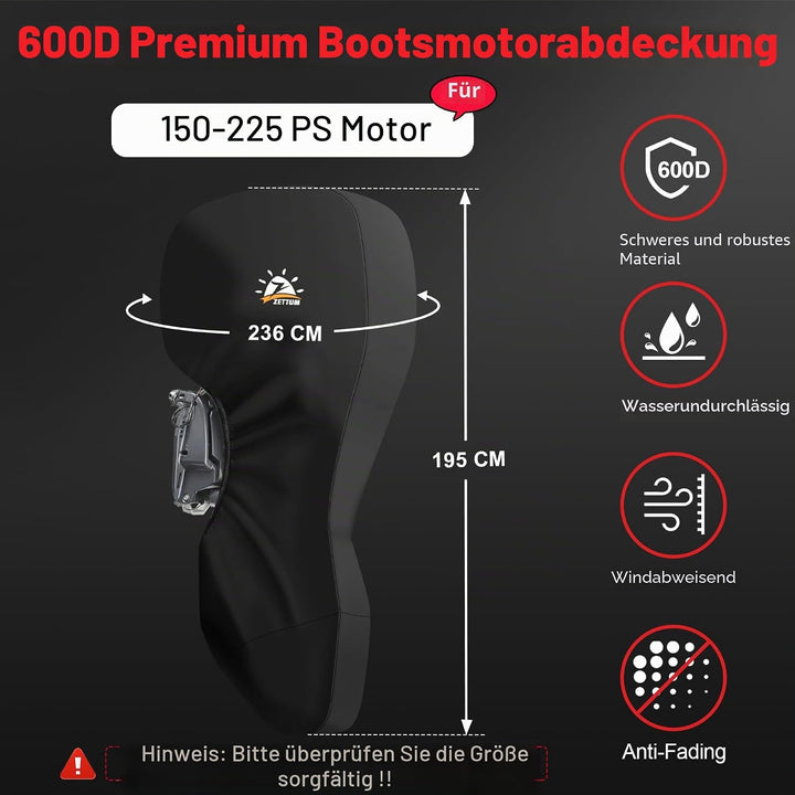 Zettum Aussenborder Abdeckung für Motoren von 150 bis 225 PS, 600D Bootsmotorabdeckung Wasserdicht &amp;