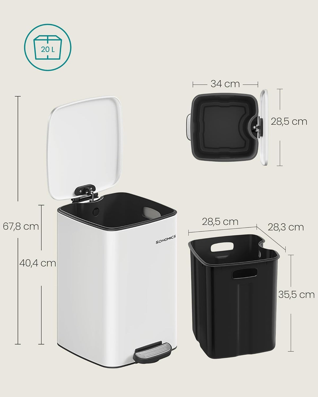 SONGMICS Mülleimer Küche, 20 Liter Abfalleimer, Tretmülleimer, Stahl, mit Inneneimer, Softclose, Off
