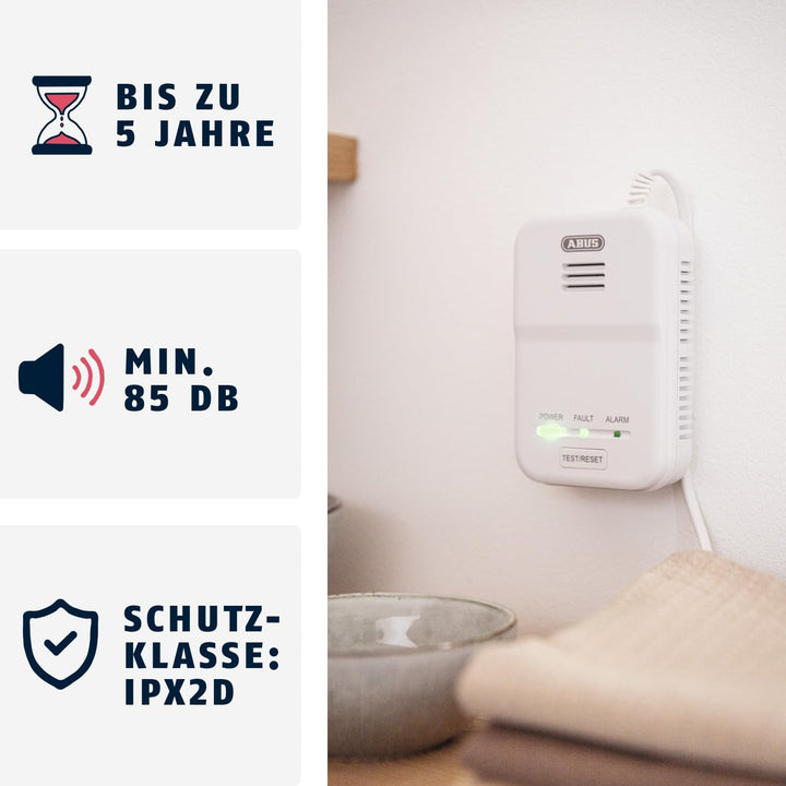 ABUS Gasmelder GWM100ME für Gasthermen - Erdgas (Methan) / Stadtgas - Alarmlautstärke 85 dB -  weiss