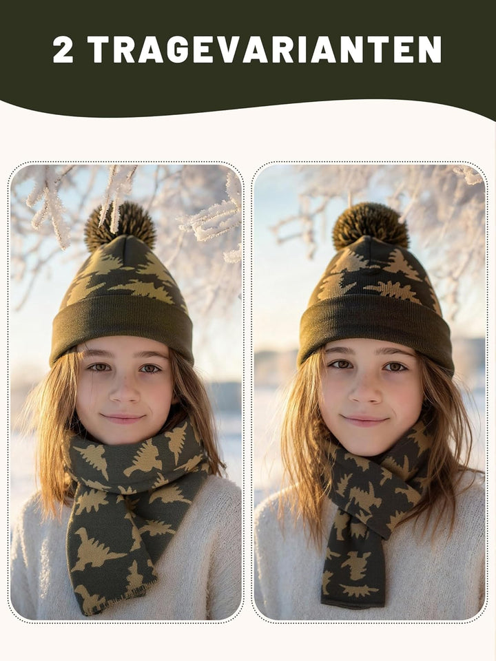 NATUST Mütze Schal Handschuh-Sets für Jungen Dinosaurier Wintermütze mit Bommel Warmer Strickschal H