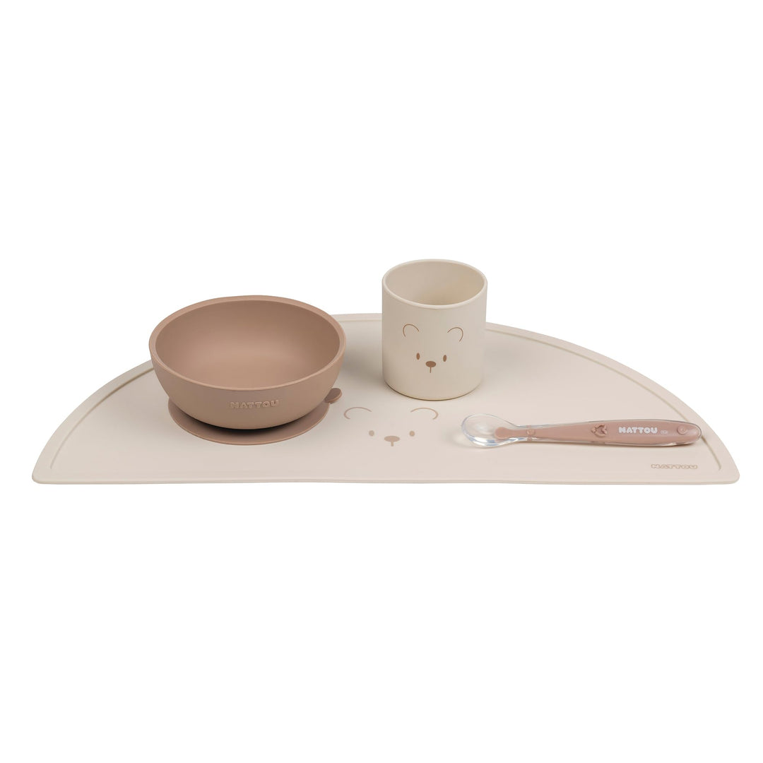 Nattou Silikon-Geschirr für Kinder, 4-tlg., 1 Löffel, 1 Schale mit Deckel, 1 Trinkbecher, 1 Tischset