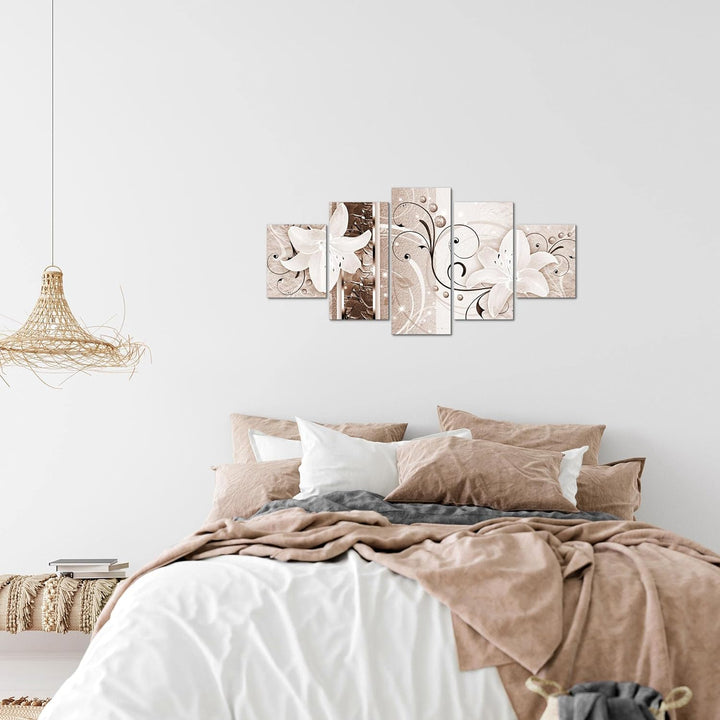 Runa Art Wandbilder Blumen Lilien 5 Teilig Bild auf Vlies Leinwand Deko Wohnzimmer Abstrakt Biege Br