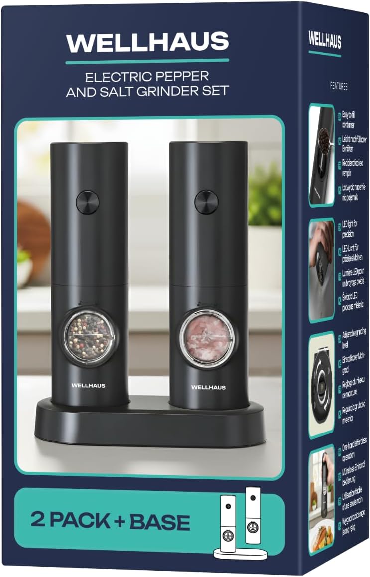 Salz und Pfeffermühle Elektrisch – 2er Set Batteriebetriebenen Elektrische Mühle mit Basis Gewürzmüh
