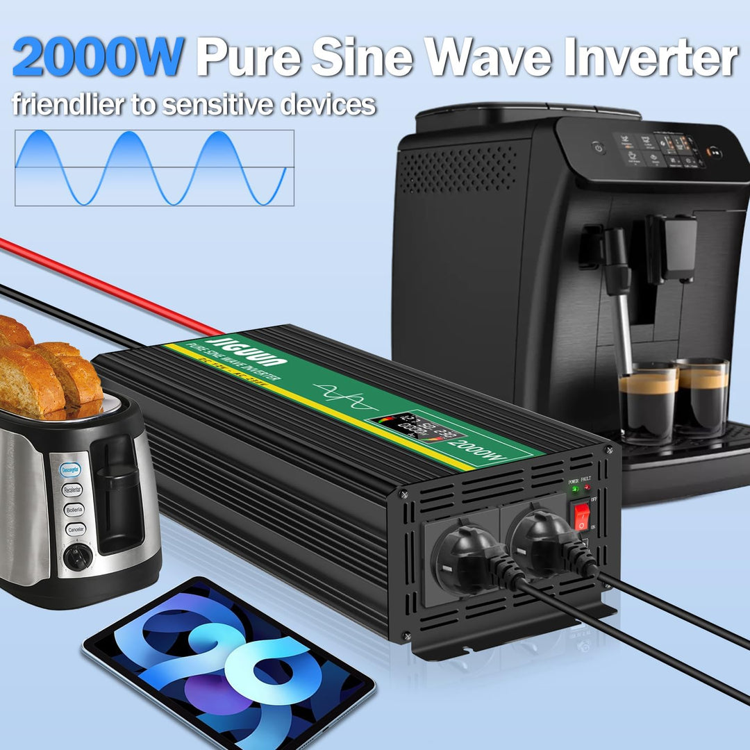 JIGUUN 1000W 2000W Reiner Sinus Spannungswandler 12V auf 230V Wechselrichter-Inverter Konverter mit