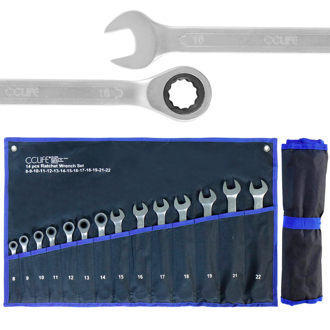 CCLIFE 14tlg Ratschenschlüssel Set 8-22mm Ratschen Ring Maulschlüssel Set | Cr-V | 72 Zähnen 14tlg 8