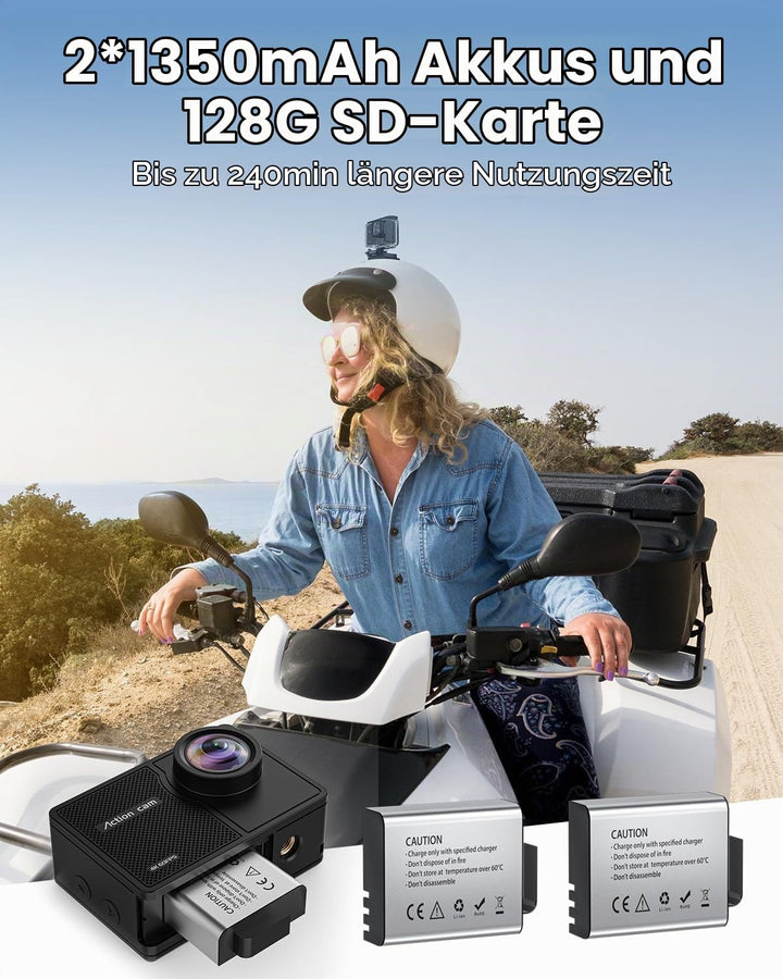 4K 60FPS Action Cam, Unterwasserkamera mit 128G SD Karte 48MP HD WiFi Kamera mit EIS 40M Wasserdicht