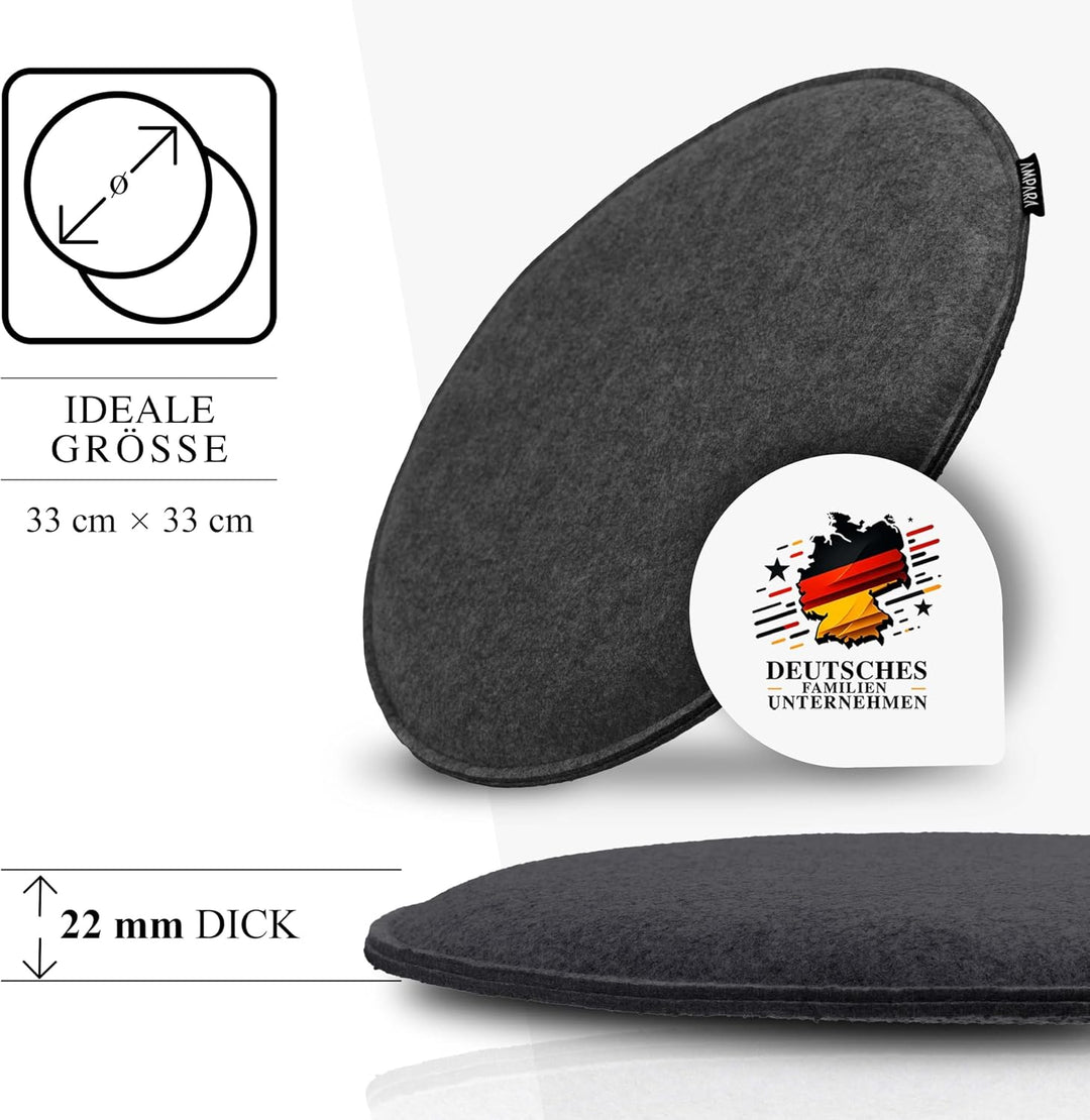 4er Set Stuhlkissen rund 33 cm - rutschfest &amp; Gemütlich - Sitzkissen Filz rund | für Stuhl, Bank, Ho