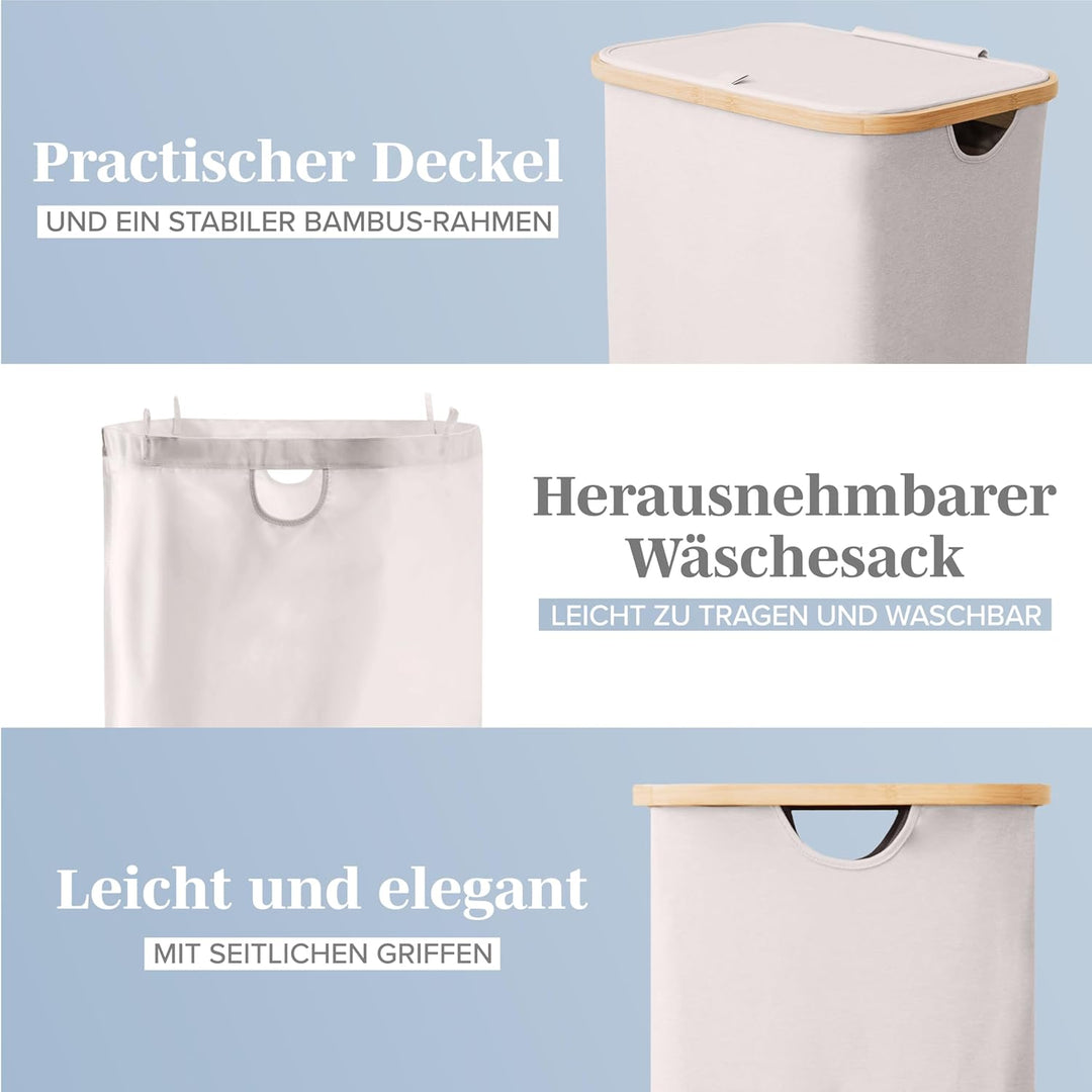 LONBET Wäschekorb mit Deckel 100L Gross - Stilvoller Wäschesammler Atmungsaktiv mit Stabilem Bambus-