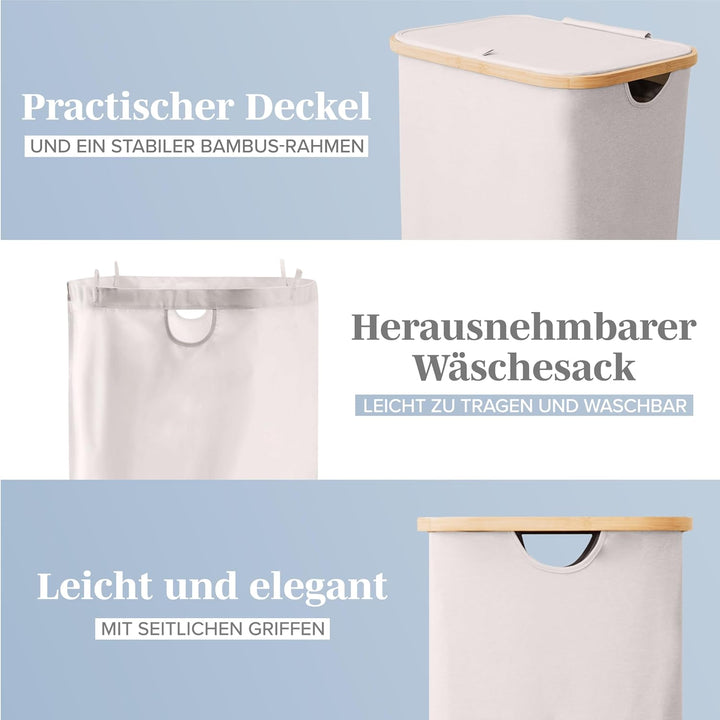 LONBET Wäschekorb mit Deckel 100L Gross - Stilvoller Wäschesammler Atmungsaktiv mit Stabilem Bambus-