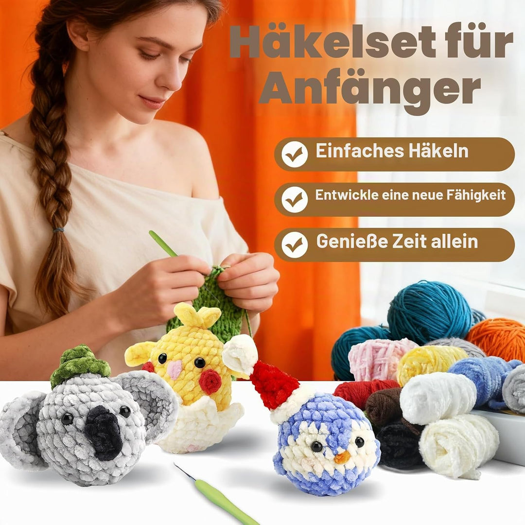 Welhammsae Häkelset für Anfänger, 4 Stück Tier Häckel Kit für Anfänger mit Garn, Häkelnadeln, Füllun