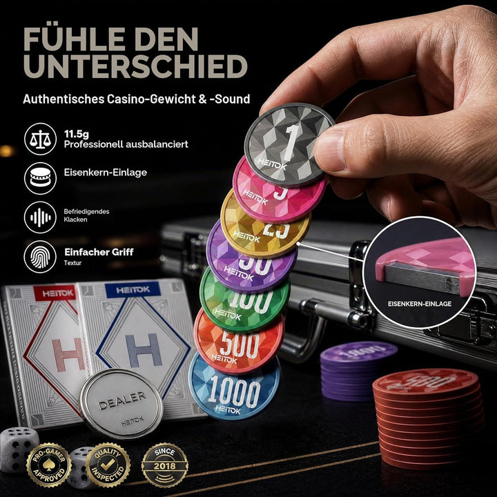 HEITOK Poker Set 1000 Chips – 11,5g ABS Pokerchips mit Werten – Robustes Set für Texas Hold'em & Cas