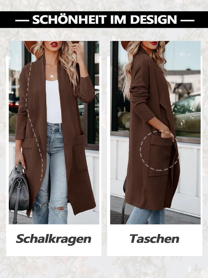 Maavoki Strickjacke Damen, Langarm Offene Front Cardigan mit Tasche, Casual Lange Einfarbig Strickma