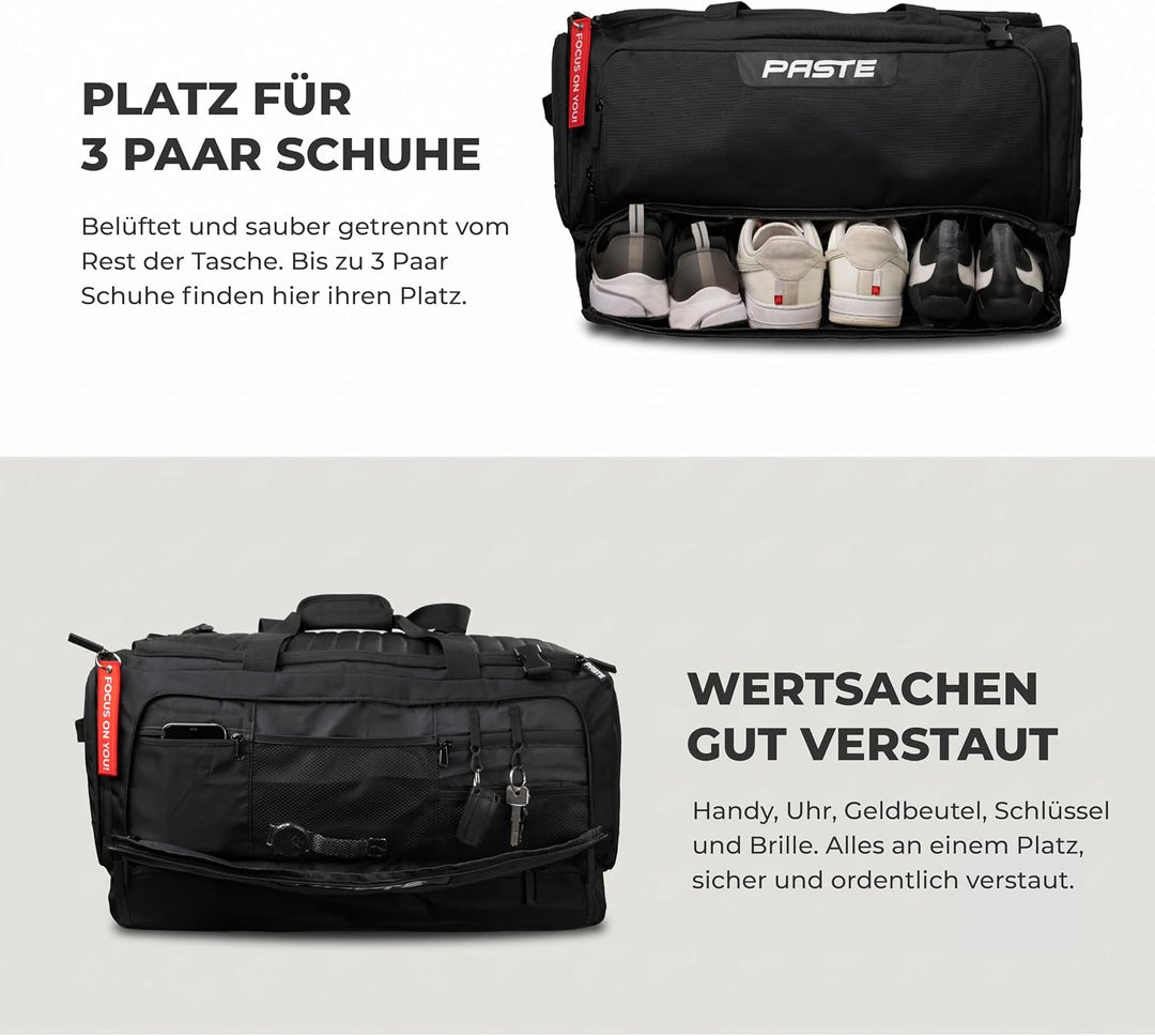 PASTE® - Premium Sporttasche 63L mit Rucksackfunktion und Kühlfunktion, Schuhfach & Nassfach Schwarz
