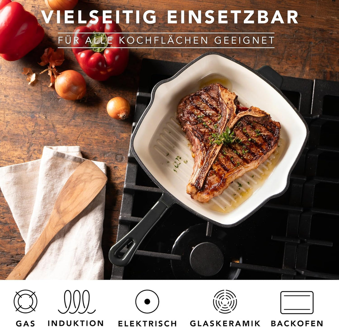 Römertopf Gusseisen Grillpfanne eckig 24 cm – Steakpfanne Emaille, alle Herdarten inkl. Induktion, b