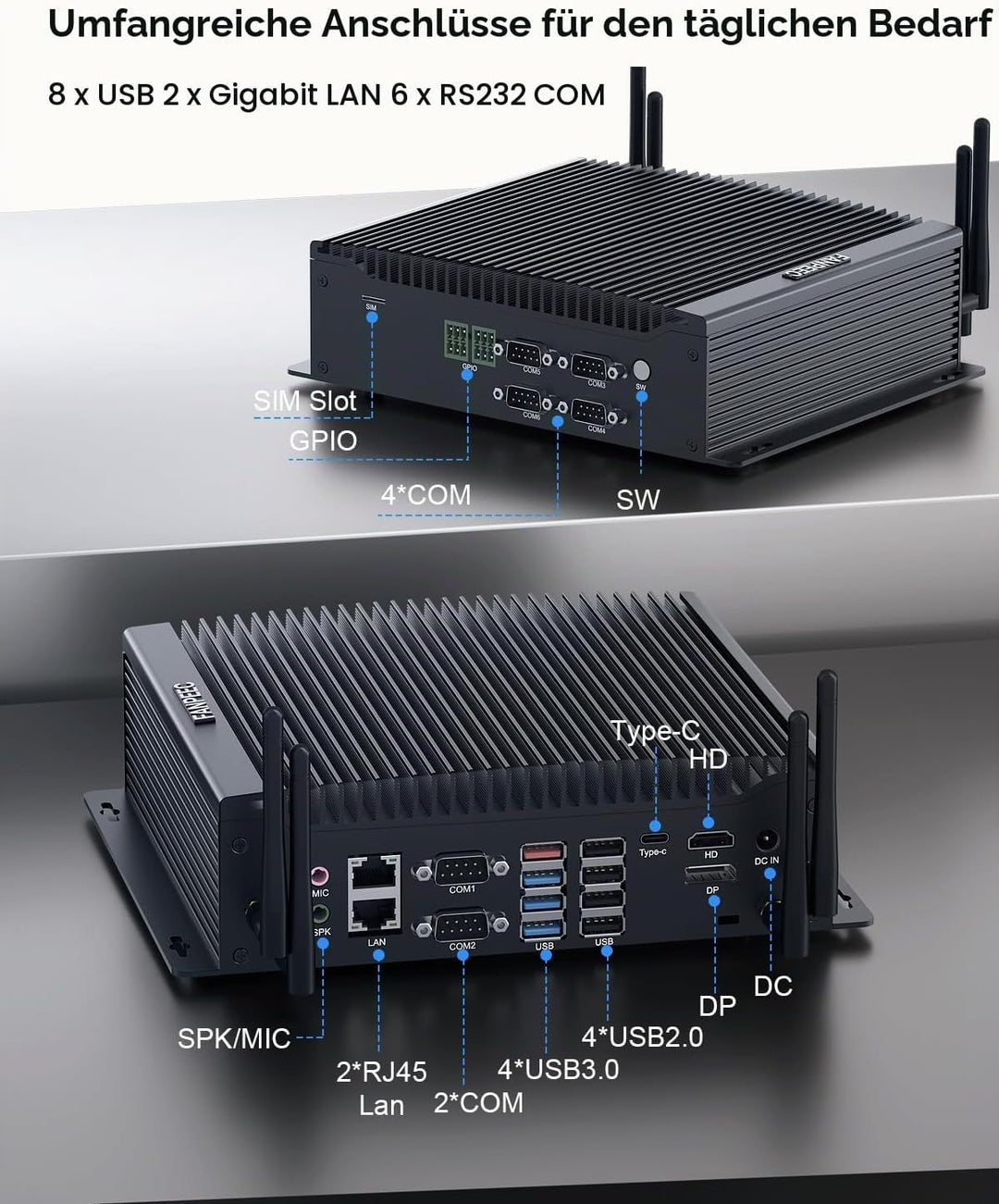 FANPEEC Industrial Mini PC Lüfterlos Core i5-10210U, Fanless PC 32GB DDR4 RAM 1TB SSD, Lüfterlose In