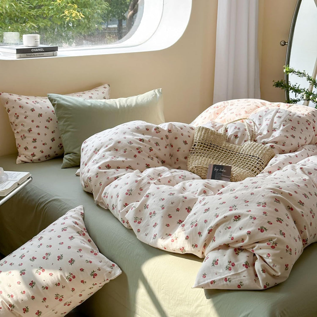 Freyamy Blumen Bettwäsche 135x200cm 2teilig Beige Rot Grün Floral Mädchen Wende Bettwaren-Sets Blume