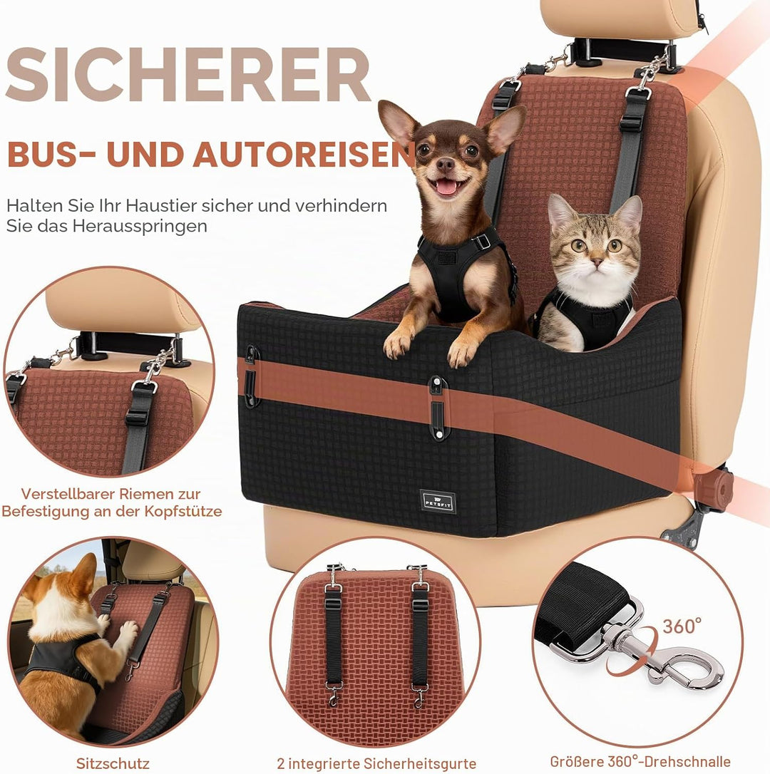PETSFIT Autositz für kleine/mittelgrosse Hunde bis 15 kg – Patentiertes Sicherheitssystem, 15cm Erhö