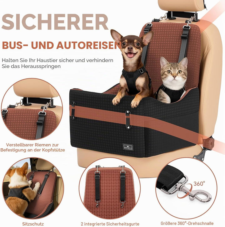 PETSFIT Autositz für kleine/mittelgrosse Hunde bis 15 kg – Patentiertes Sicherheitssystem, 15cm Erhö