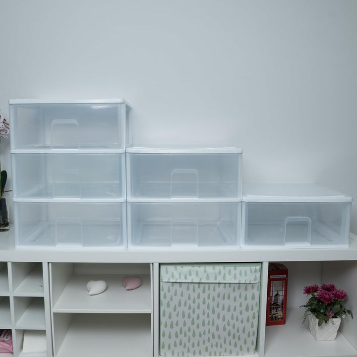 Hummelladen Schubladenbox mit 3 grossen Schubladen 38x37x47 cm - Weiss-transparent Kunststoff Drawer
