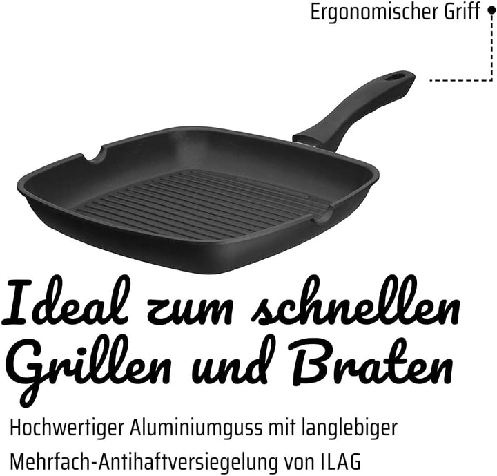 GSW 413251 Grillmeister Grillpfanne mit 2 Ausgüssen, mit Grillboden, Aluminium, schwarz - 28x28cm