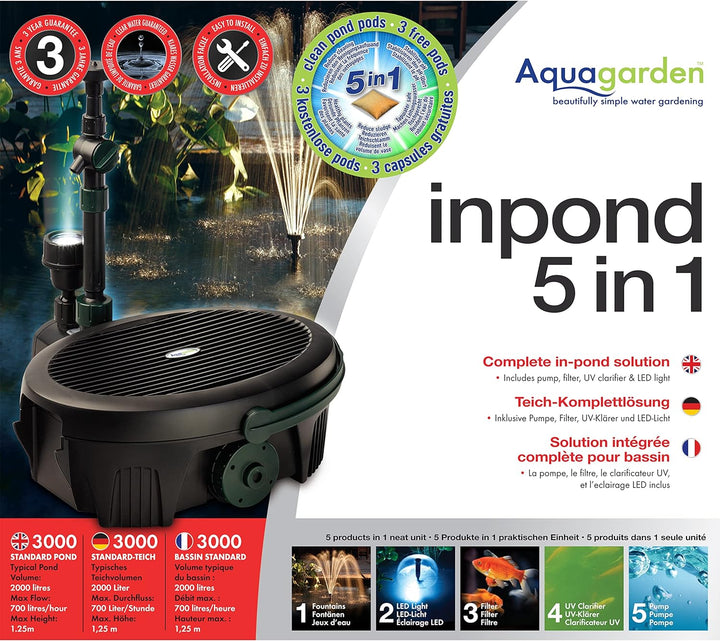 Aquagarden Inpond 3000, Teich- und Wasserpumpe, Filter, UV-Klärer, LED-Strahler und Springbrunnen, K